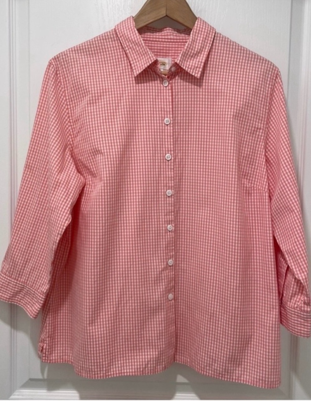TALBOTS Pink and White Checked Cotton Shirt with 3/4-Length Sleeves Size 16